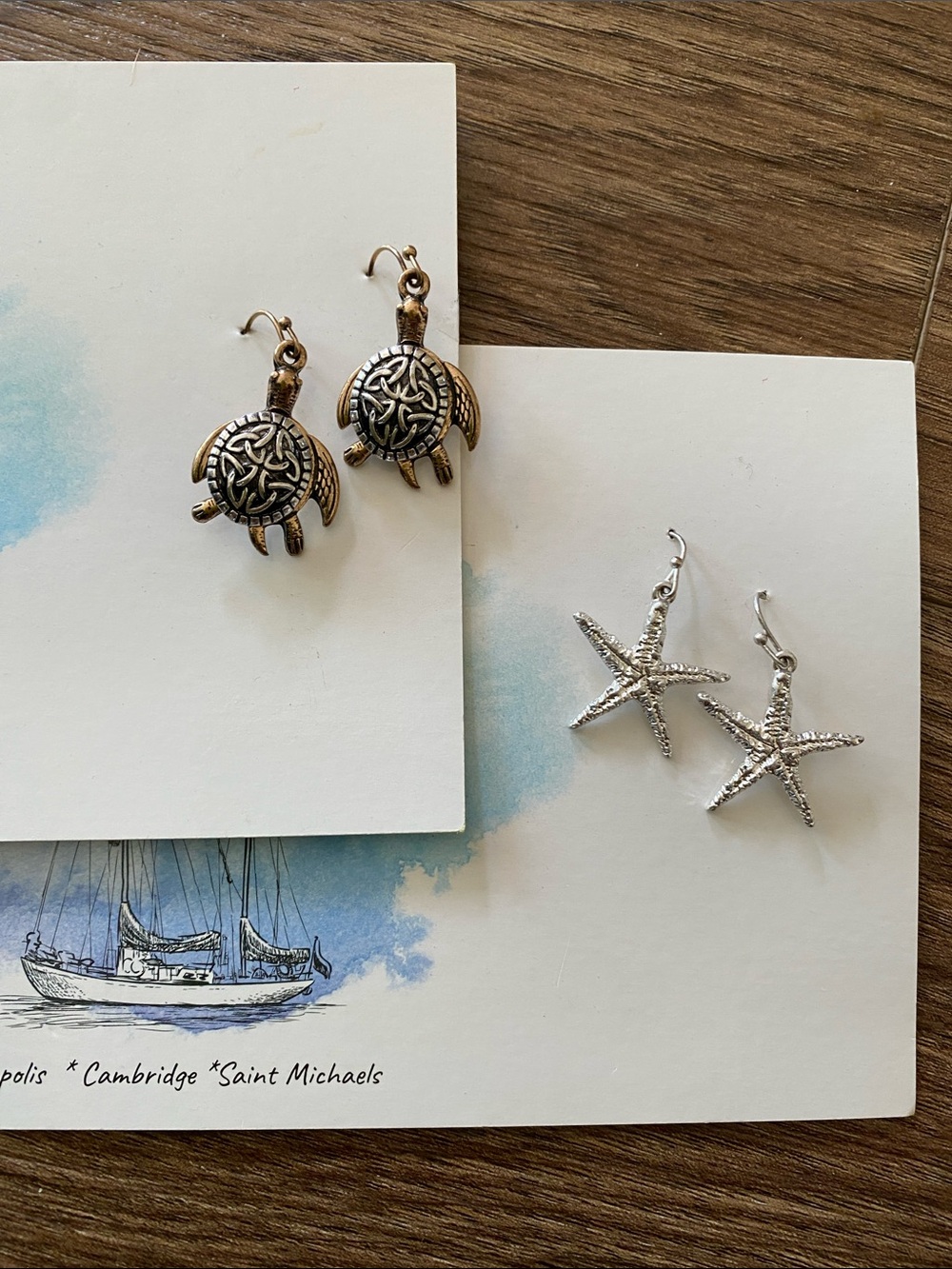 2 Chesapeake Bliss ocean theme earrings. Bronze & silver tone turtle & starfish